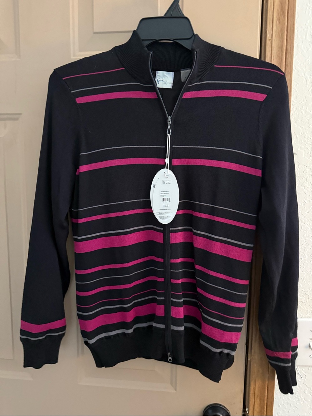 Greg Norman Collection Black & Fuchsia Striped Zip Jacket